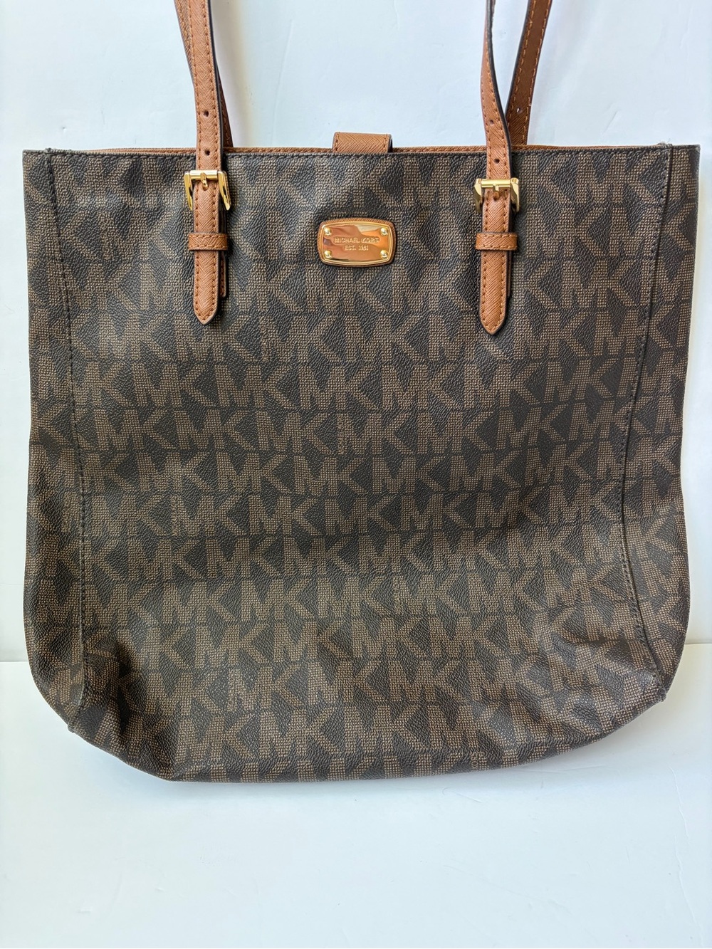 Michael Kors Signature Logo Medium Buckle Strap Tote Bag Brown Signature Canvas